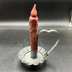 Primitive Rustic Red battery operated Candle with Metal candlestick heart holder